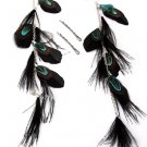 Feather / Plume Metal Hook Earrings Charms or Hair Pins Black & Green