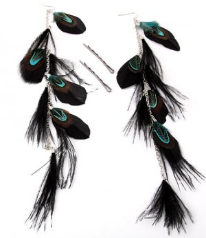 Feather / Plume Metal Hook Earrings Charms or Hair Pins Black & Green
