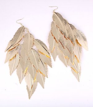 Fashion Solid Leaves Design Gold Plated Hook Vintage Look Dangle Long Earrings