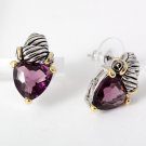 Vintage Looking Heart Design Purple Crystal Burnished Silver  Stud Post Earrings