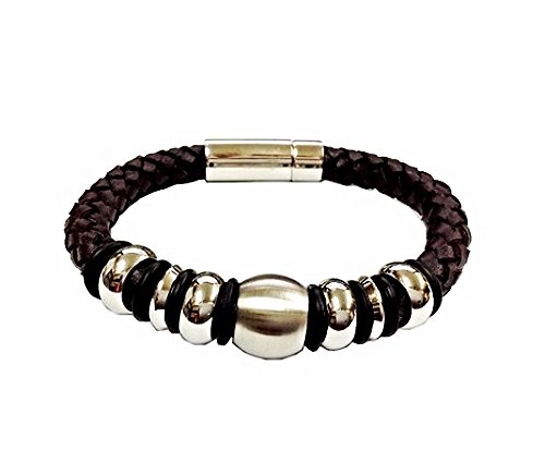 QBL14 Buzen-Classic Brown Braided Leather & Stainless Steel Beads Magnetic Brace