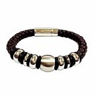 QBL14 Buzen-Classic Brown Braided Leather & Stainless Steel Beads Magnetic Brace