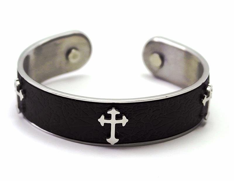 QB16 Dalimara Leather & Stainless Steel Men's Magnetic Bracelet with Cross