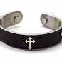 QB16 Dalimara Leather & Stainless Steel Men's Magnetic Bracelet with Cross