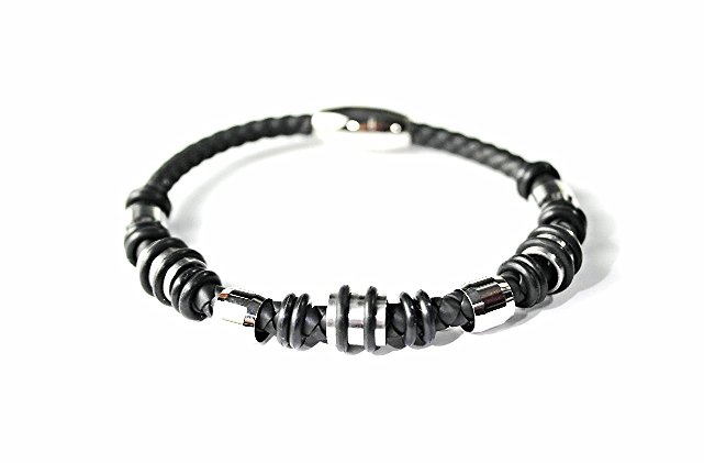 QBL23 Saiki Black Braided Leather & Stainless Steel Magnetic Bracelet