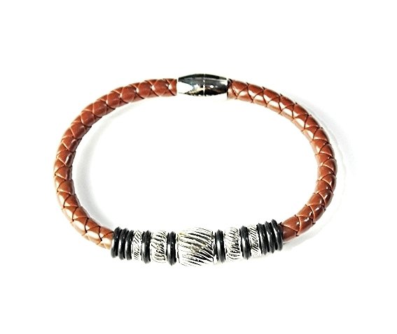 QBL24 Nami Brown Braided Leather & Stainless Steel Magnetic Bracelet