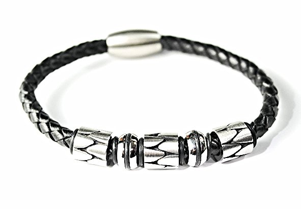 QBL21 Hioki Black Braided Leather & Stainless Steel Magnetic Bracelet