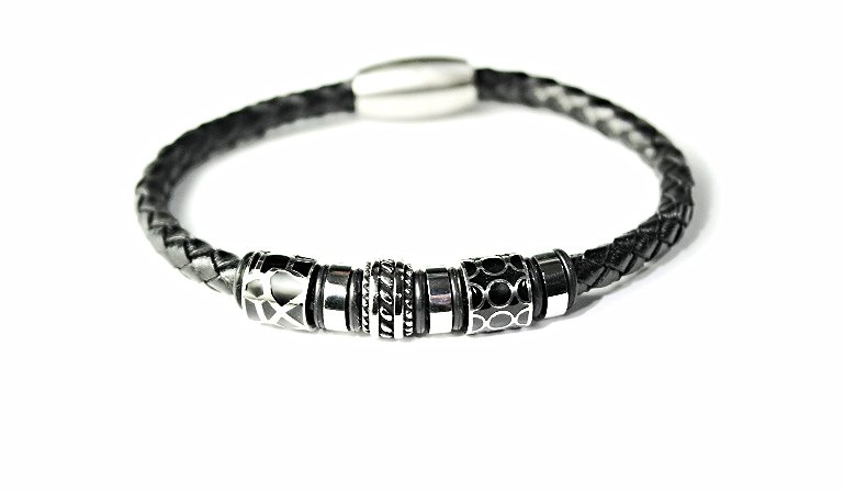 QBL22 Aira Black Braided Leather & Stainless Steel Magnetic Bracelet