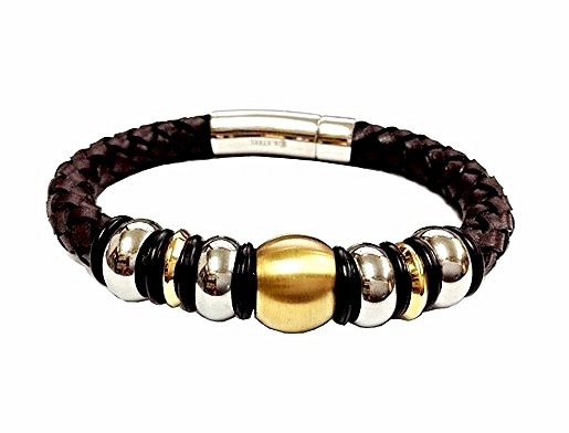 QBL11 Buzen-Deluxe Braided Brown Leather & 2-Tone Stainless Steel Beads Magnetic