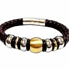 QBL11 Buzen-Deluxe Braided Brown Leather & 2-Tone Stainless Steel Beads Magnetic