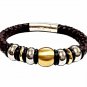 QBL11 Buzen-Deluxe Braided Brown Leather & 2-Tone Stainless Steel Beads Magnetic
