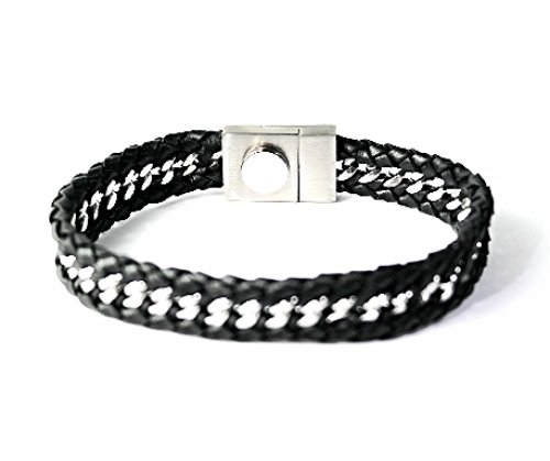 QBL15 Kaizu Black Braided Leather & Stainless Steel Magnetic Bracelet