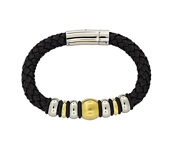 QBL13 Buzen-Deluxe Braided Black Leather & 2-Tone Stainless Steel Beads Magnetic