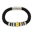 QBL13 Buzen-Deluxe Braided Black Leather & 2-Tone Stainless Steel Beads Magnetic