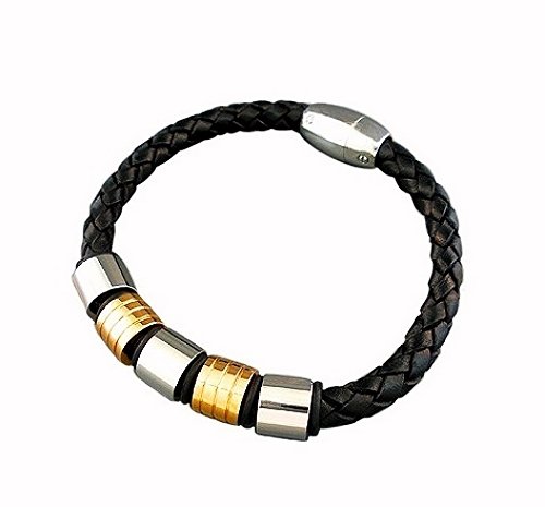 QBL16 Midori Black Braided Leather & 2-Tone Stainless Steel Magnetic Bracelet