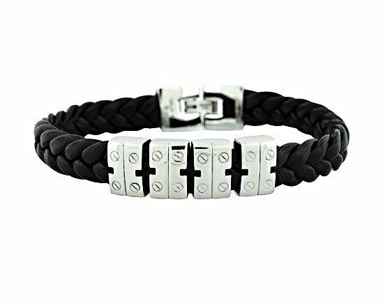 QBL18 Kasai Black Braided Leather & Stainless Steel Magnetic Bracelet