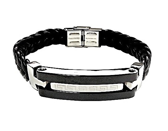 QBL20 Takahagi Black Braided Leather & Stainless Steel Magnetic Bracelet