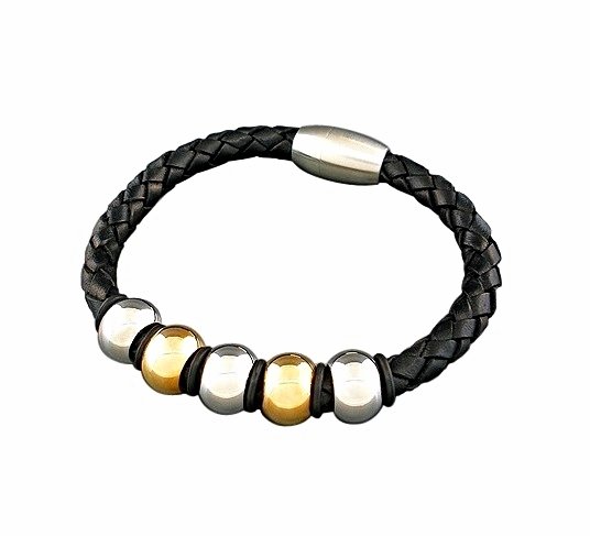 QBL17 Rumoi Black Braided Leather & 2-Tone Stainless Steel Magnetic Bracelet