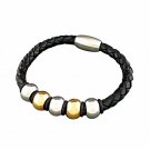 QBL17 Rumoi Black Braided Leather & 2-Tone Stainless Steel Magnetic Bracelet