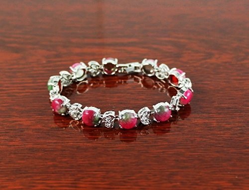 QB60 Stone of Love & Romance Rose Jade Quantum Bracelet w/ Crystal Leaves