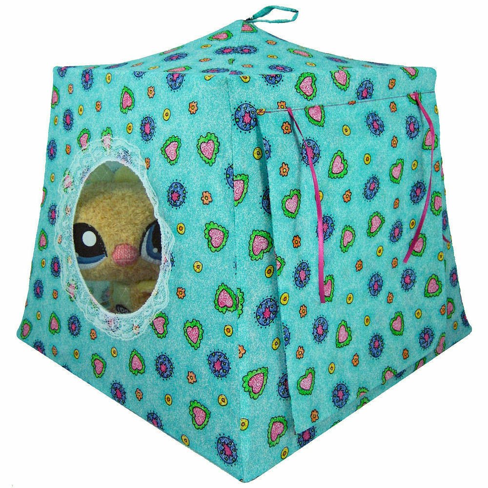 Toy Pop Up Play Tent, 2 Sleeping Bags, aquamarine, heart & flower print fabric, handmade