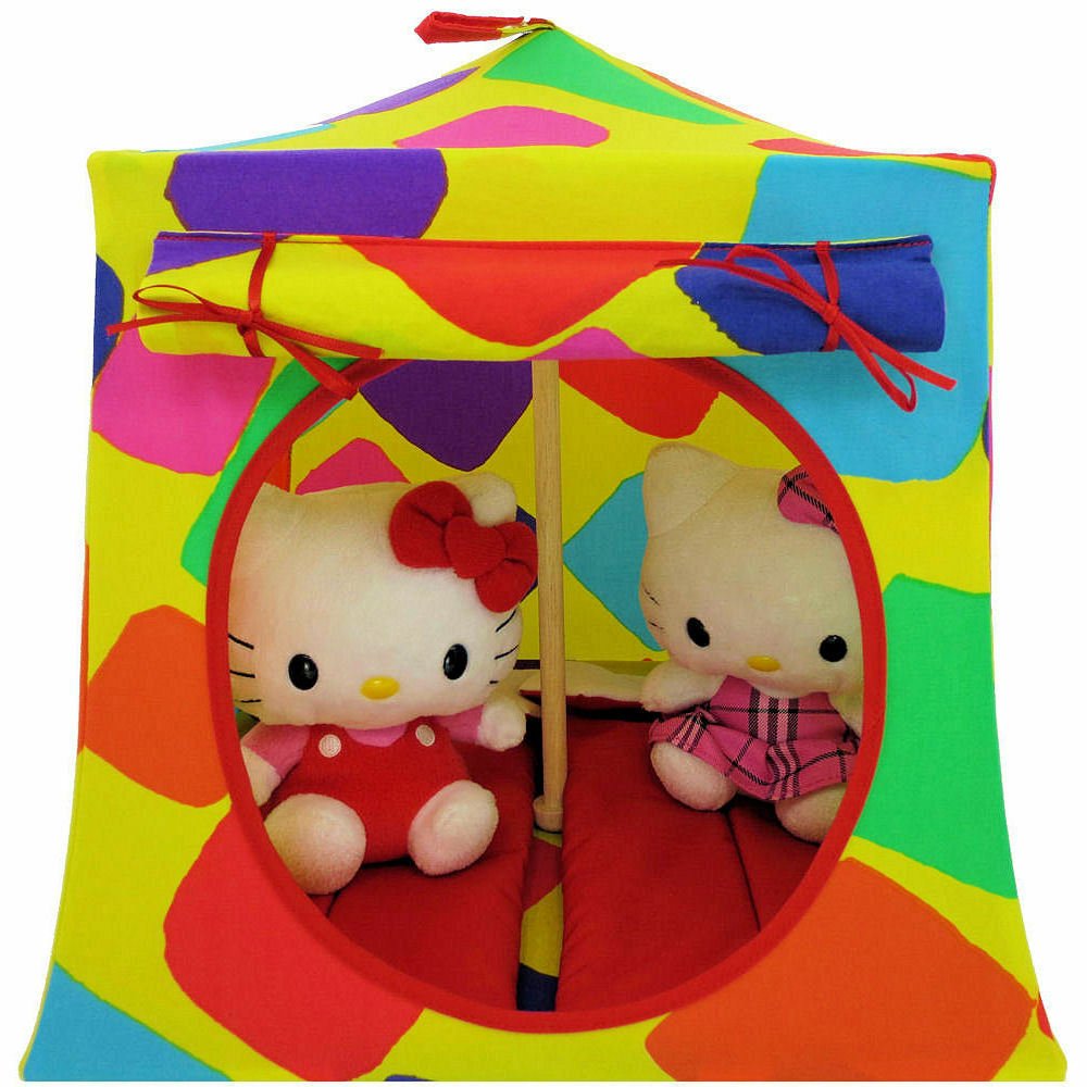 Toy Pop Up Play Tent, 2 Sleeping Bags, yellow, multicolored print fabric, handmade