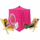 Toy Pop Up Play Tent, 2 Sleeping Bags, dark pink, multicolored square print fabric, handmade