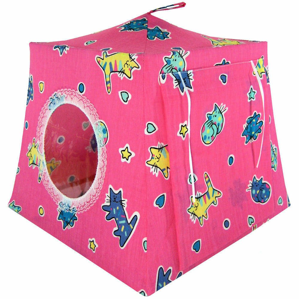 Toy Pop Up Play Tent, 2 Sleeping Bags, pink, cat print fabric, handmade