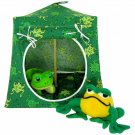 Toy Pop Up Play Tent, 2 Sleeping Bags, green, frog print fabric, handmade