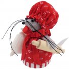 Handmade Baker Mouse Ornament Holding Flour Bag and Rolling Pin, Red Print Dress