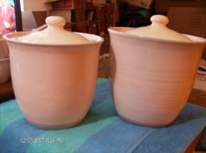 Two Pfaltzgraff Pink & Blue Trim Large Canisters