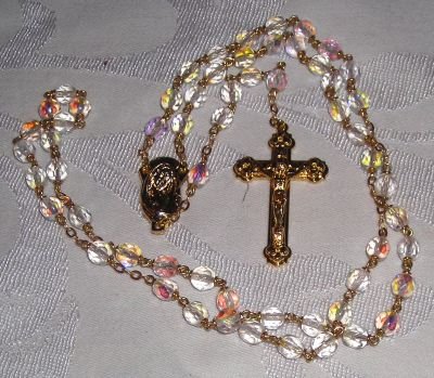 Fire Polished Rosary Gold Colored Center & Crucifix