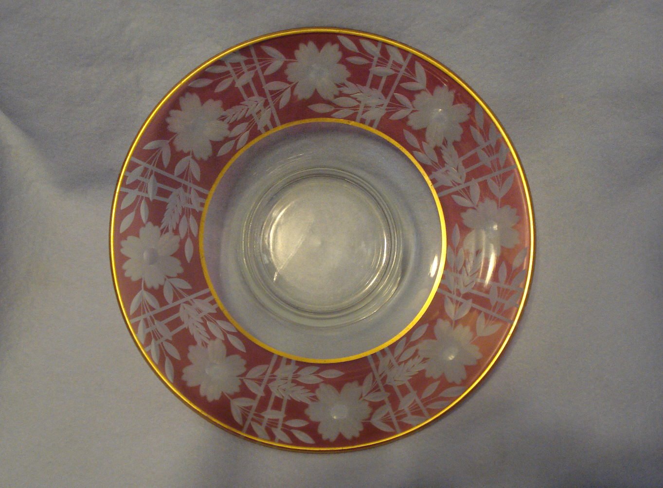 Elegant 1920s Wheel Cut 11 Inch Cranberry Stained Bowl