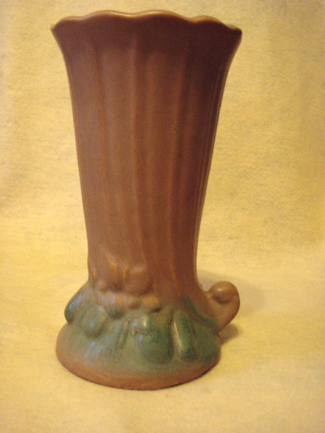 McCoy Large Green & Brown 8" Cornucopia Vase, 1930s