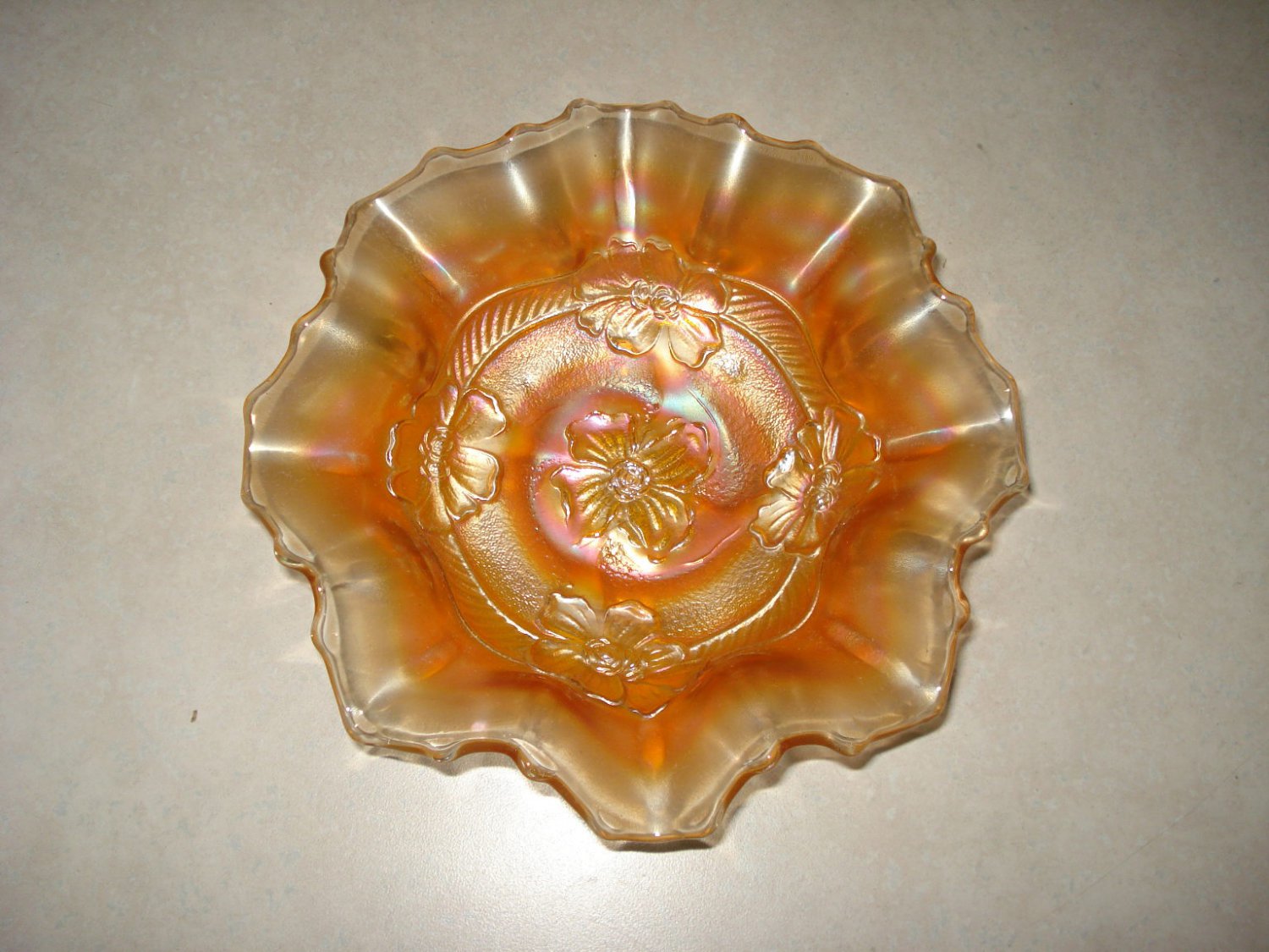 Diamond Glass Co Apple Blossom Carnival Dish, Marigold