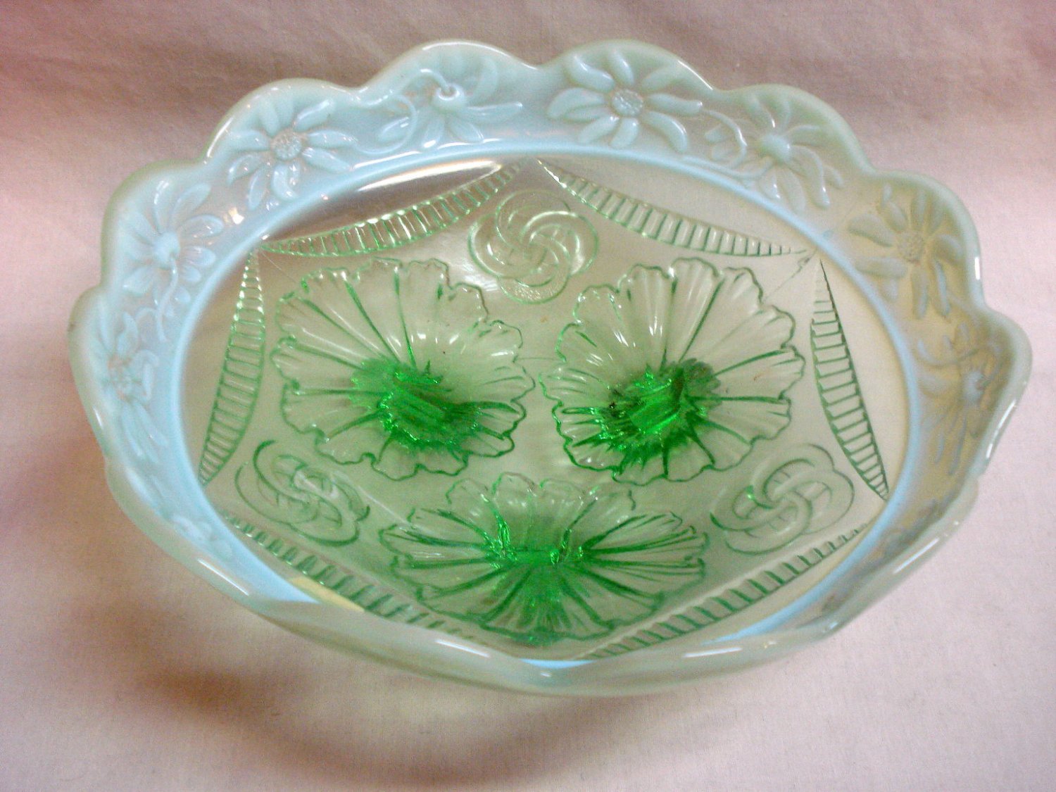 Northwood Green Opalescent Ruffles and Rings Bowl, 1905