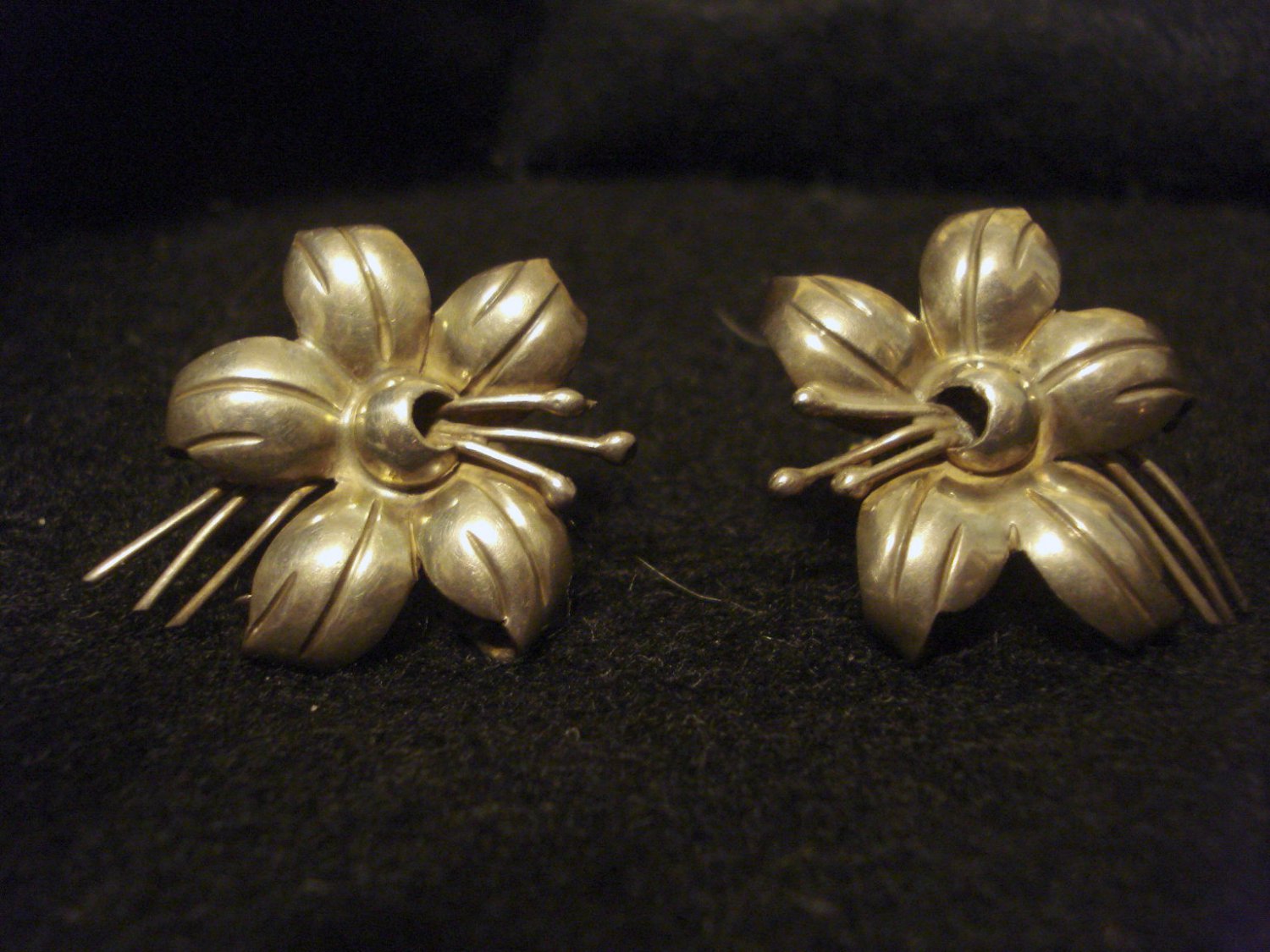 Old Sterling Silver Flower Vintage Earrings, 1-1/2 Inch, Marked, Screw-on