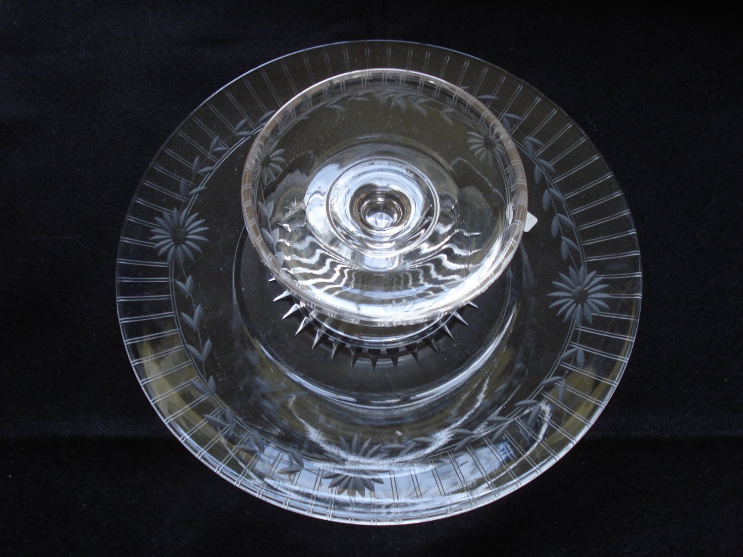 Elegant Dish and Large Under Ptate, Wheel Cut Glass, was made in USA