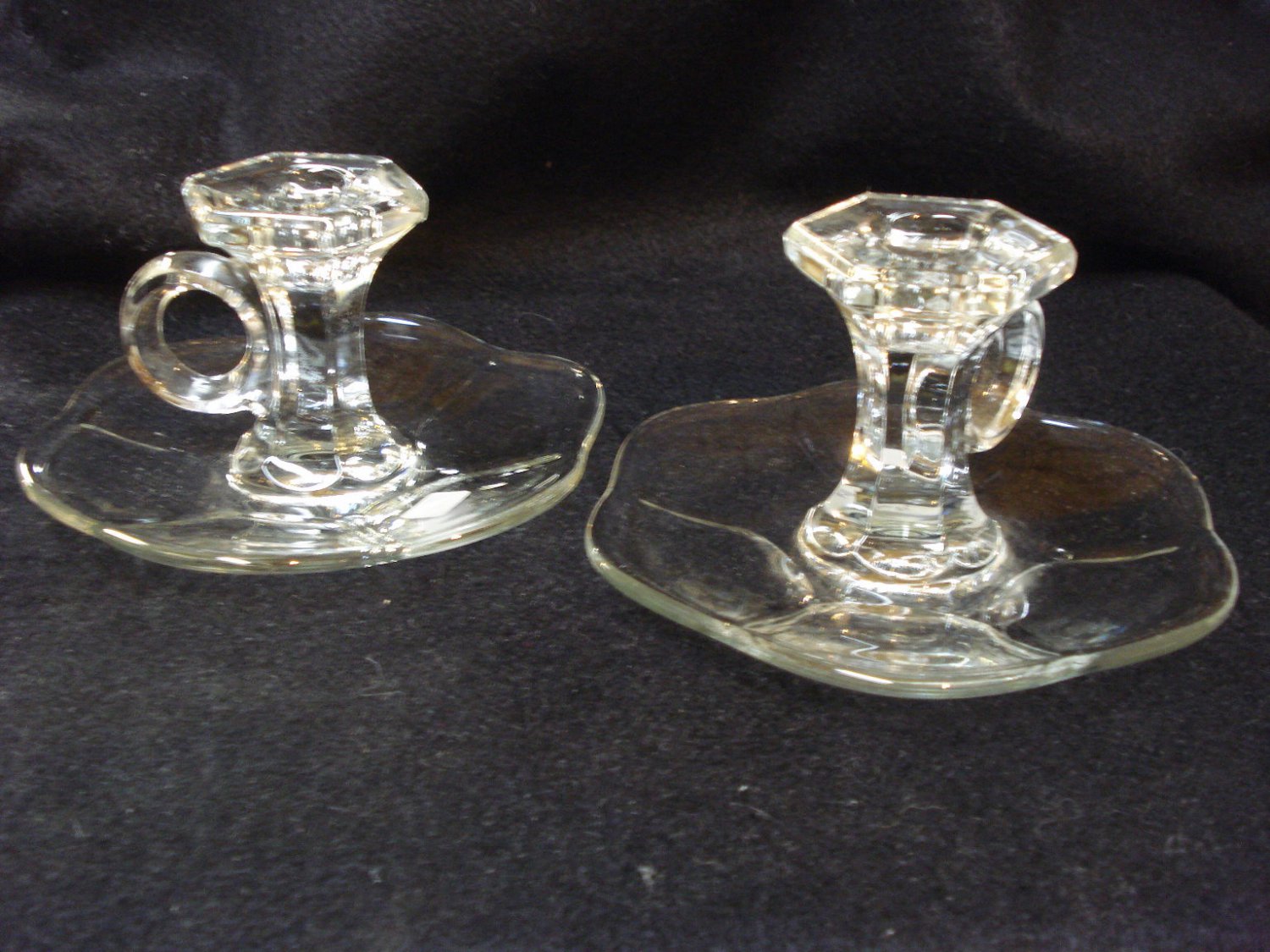 New Martinsville Saucer Handled Candle Sticks, Pair, 1920s crystal, made in USA