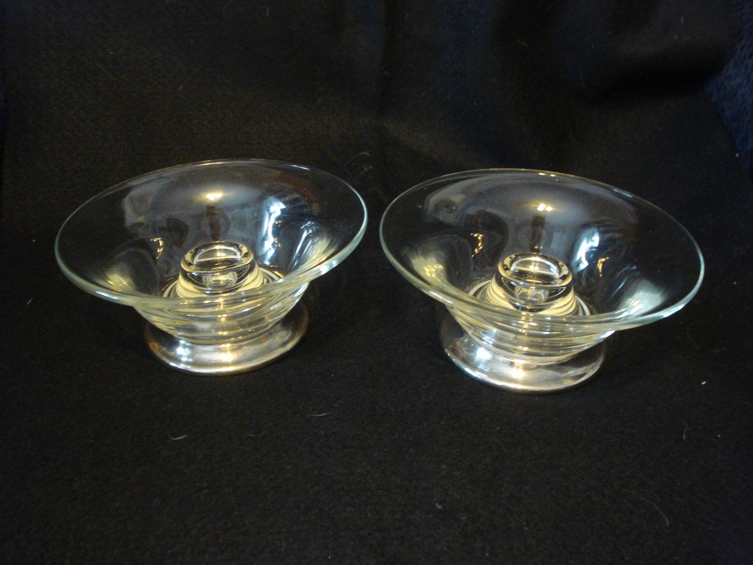 Pair of Elegant Glass Candle Holders with Silver Bases, Modern look , 5.75" Dia.
