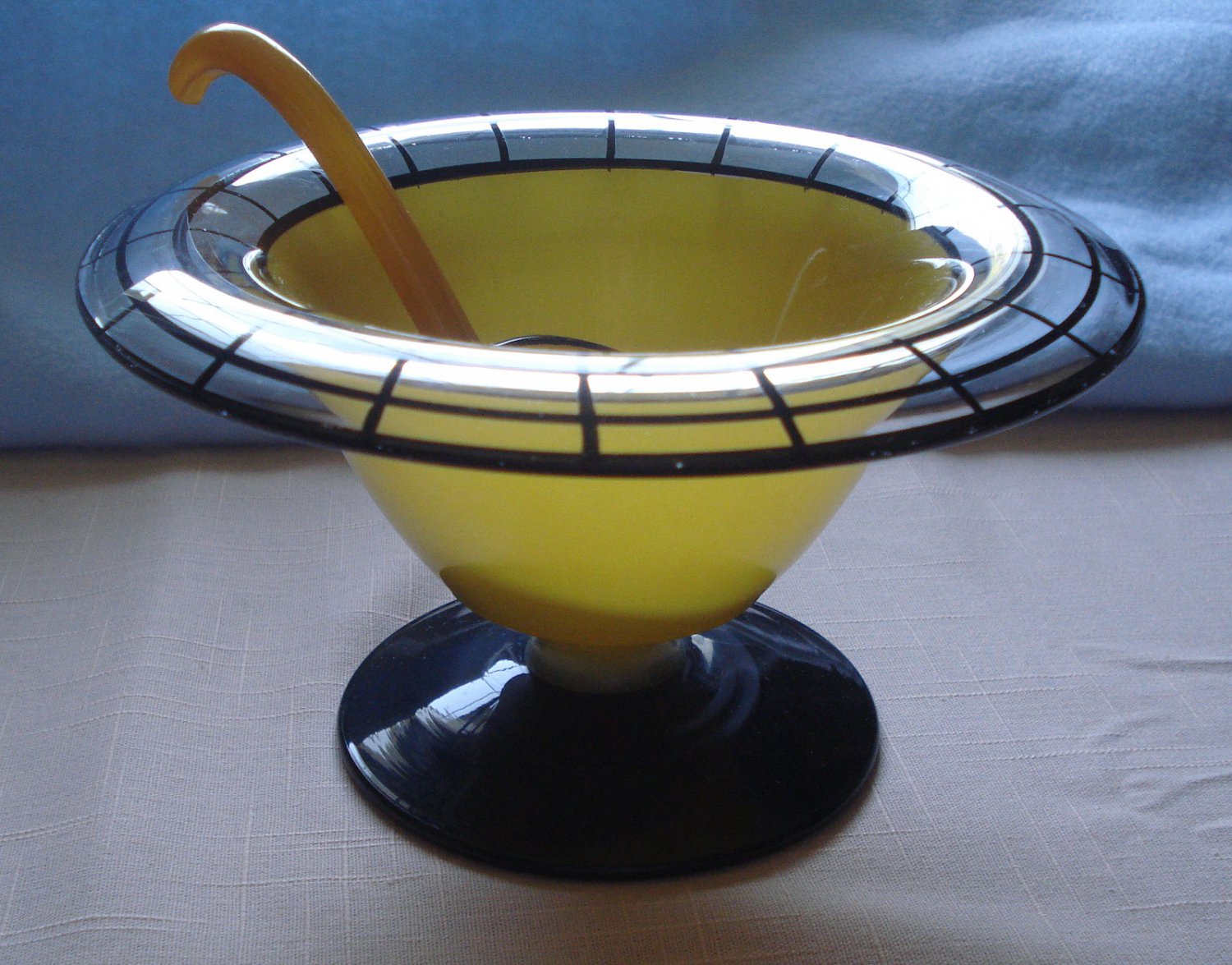 2 piece Westmoreland 1920s Yellow Cased Comport, Black Trim, with Spoon