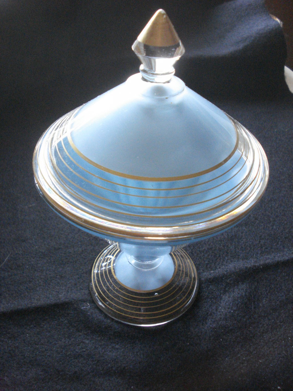 1920s Blue Cased Covered Candy Dish Westmoreland Glass, Gold Trim