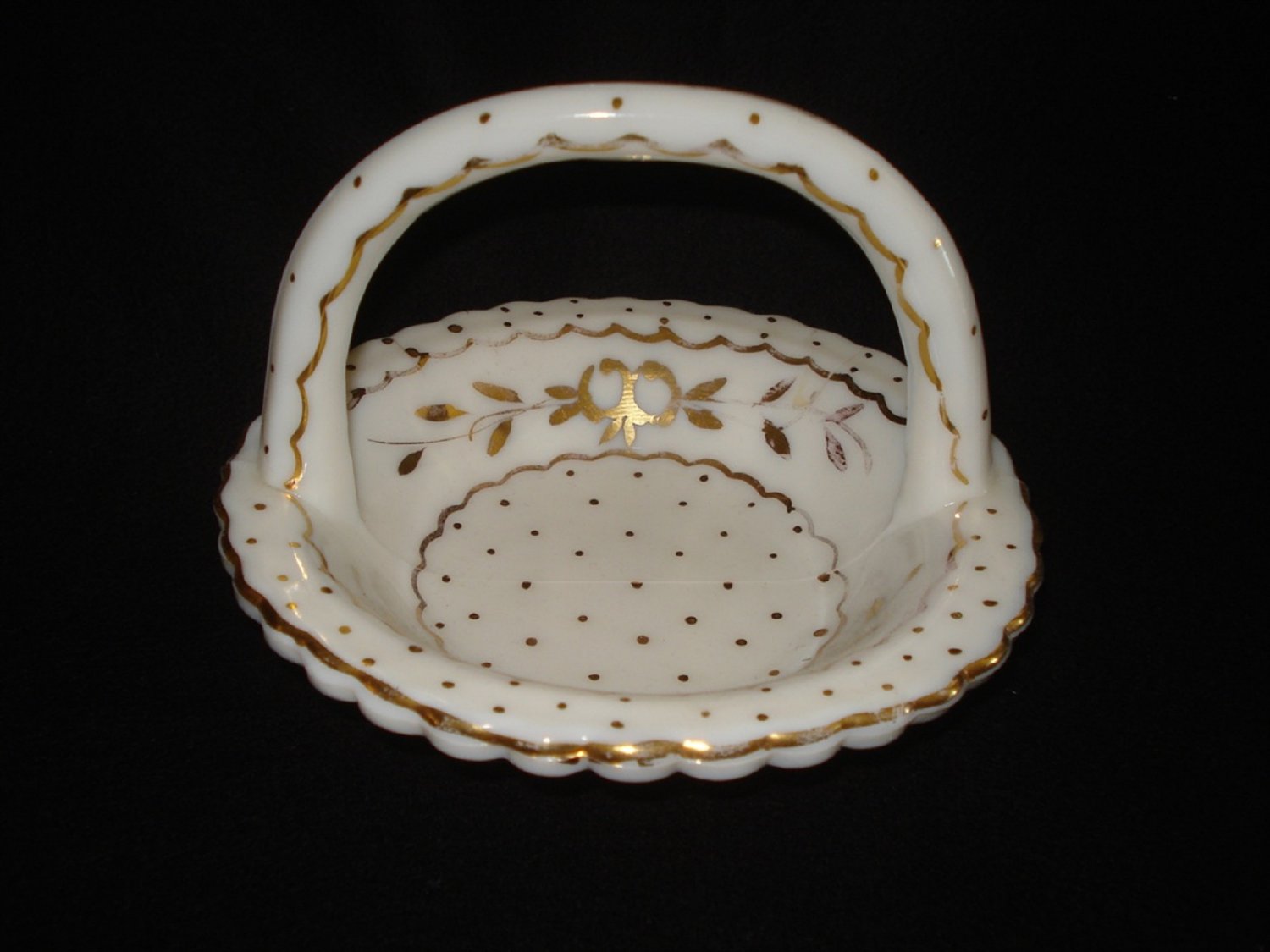 Charleton Gold Decorated English Hobnail Basket, Westmoreland White Milk Glass