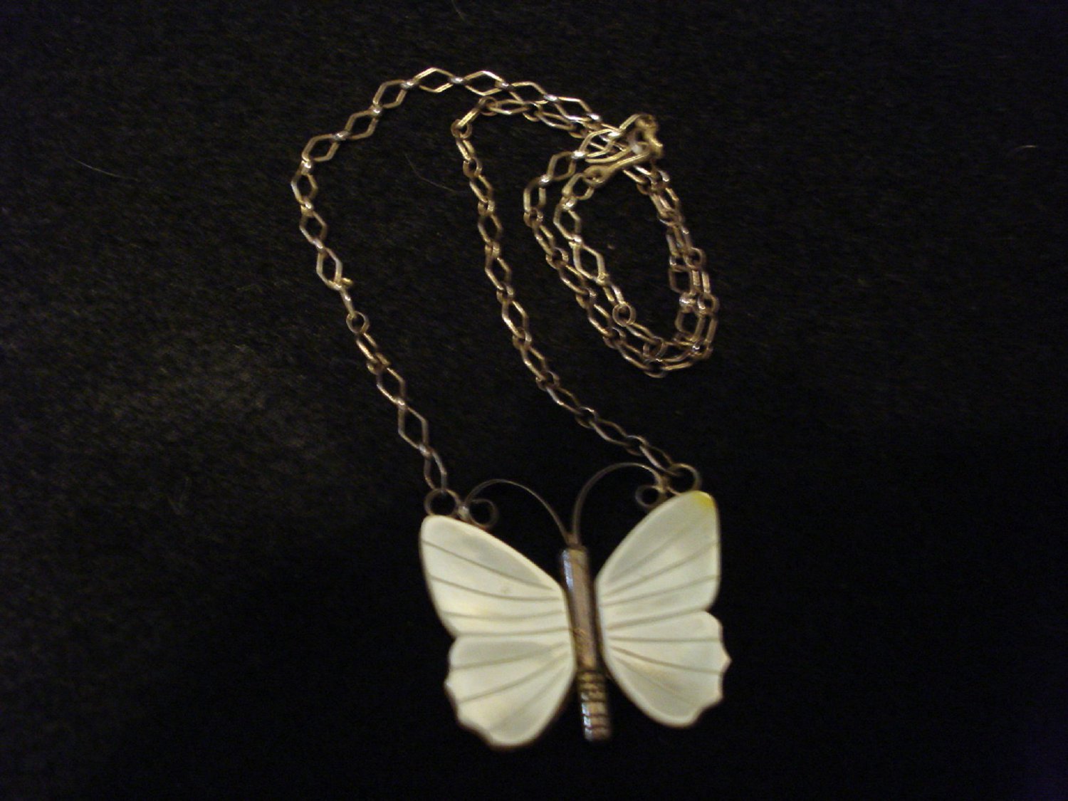 Beautiful Mother of Pearl Butterfly set in Sterling Silver Necklace with chain Vintage