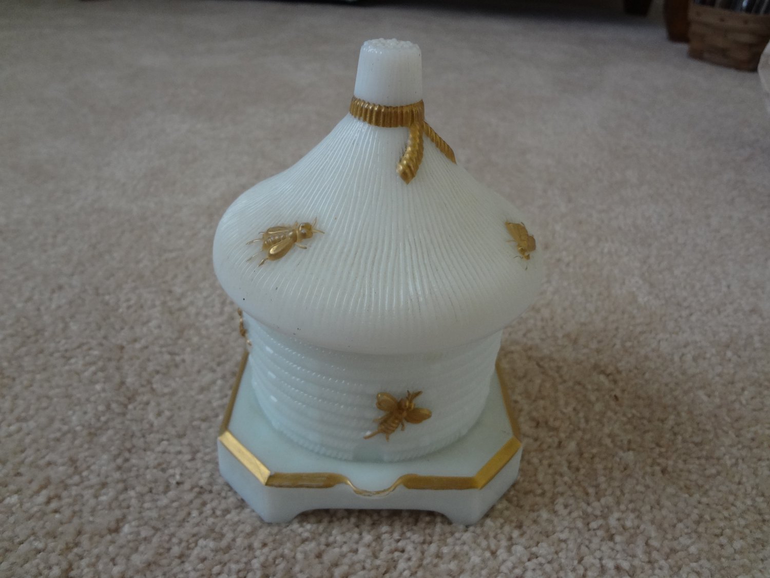 Imperial Glass Co. Beehive Covered Dish with Gold Accents