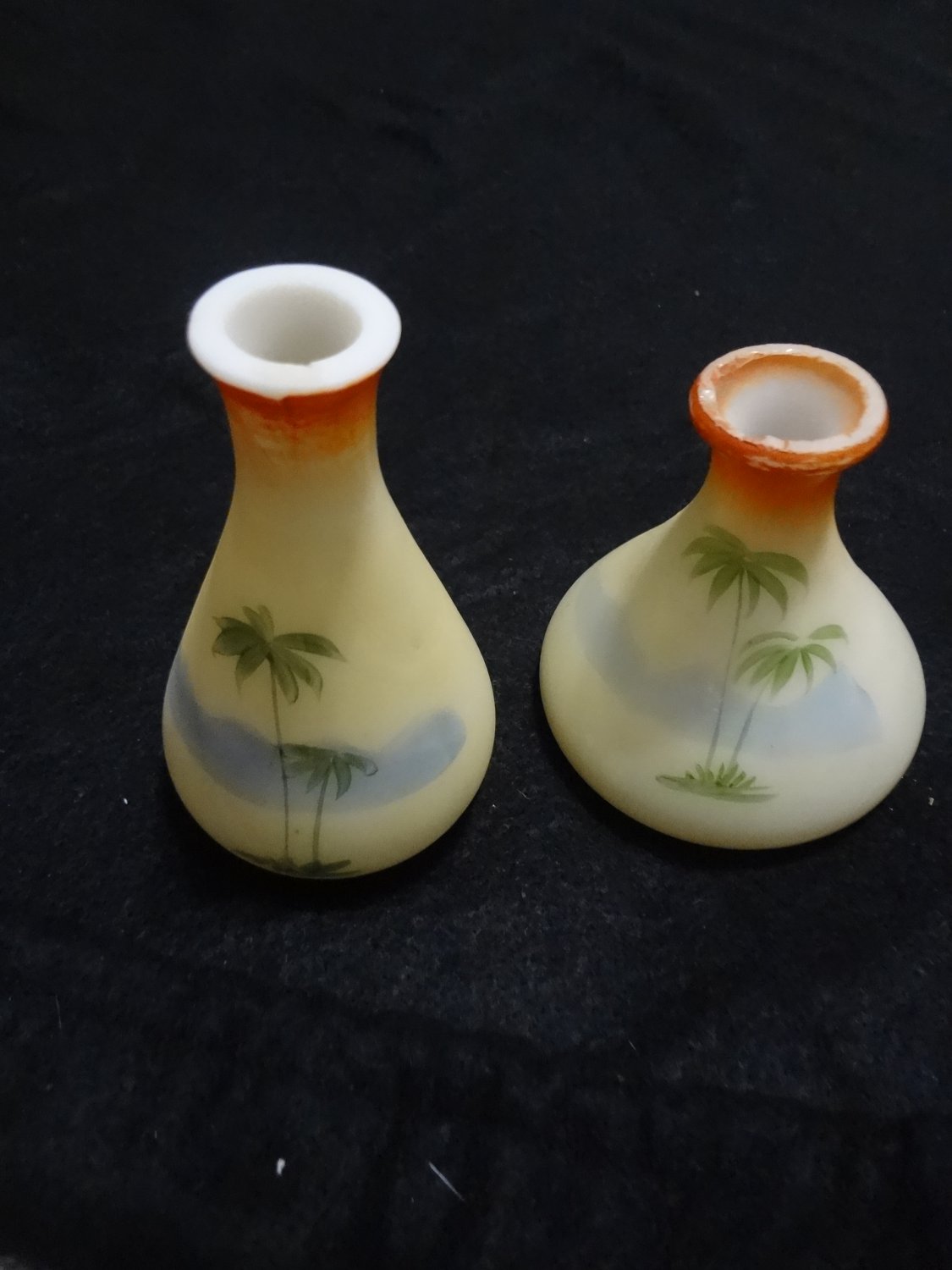 1 short 1 tall Antique Westmoreland Specialty Milk Glass Palm Tree Vases hand painted rare