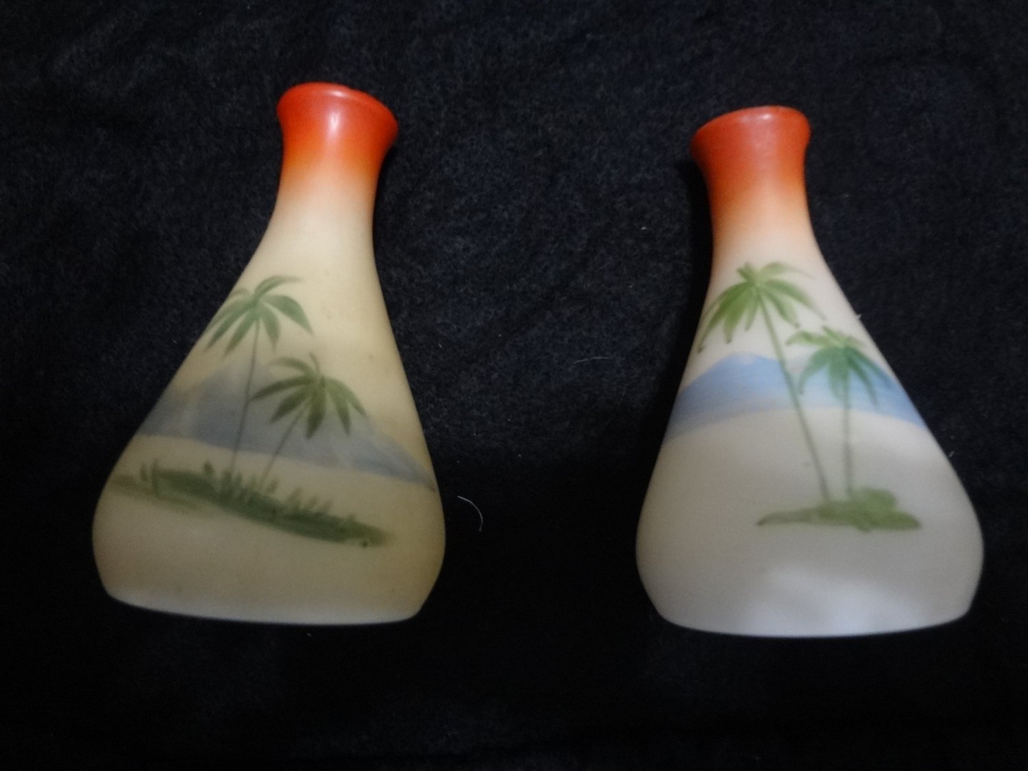 2 Antique Westmoreland Specialty Milk Glass Palm Tree Vases, rare hand painted