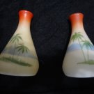 2 Antique Westmoreland Specialty Milk Glass Palm Tree Vases, rare hand painted