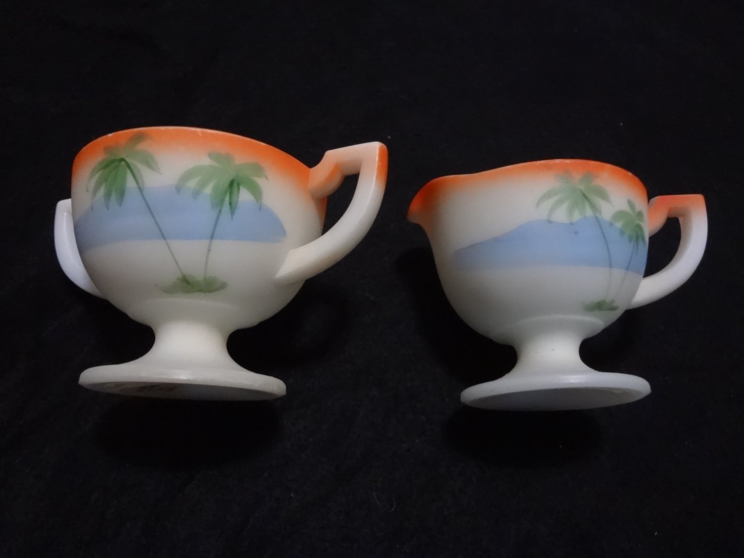 Antique Westmoreland Milk Glass Palm Tree Creamer & Sugar Bowl Set hand painted