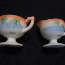 Antique Westmoreland Milk Glass Palm Tree Creamer & Sugar Bowl Set hand painted
